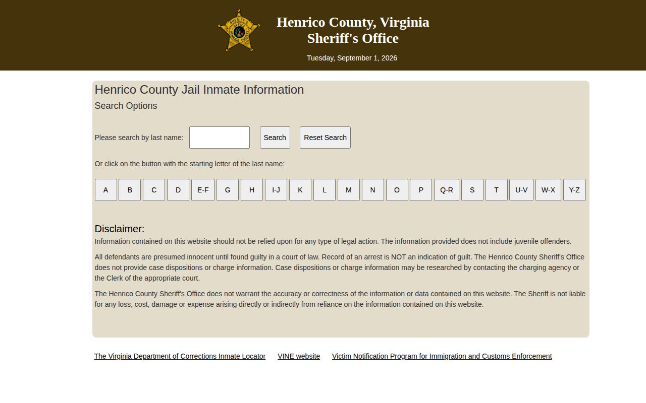 Henrico County current-custody jail roster record search