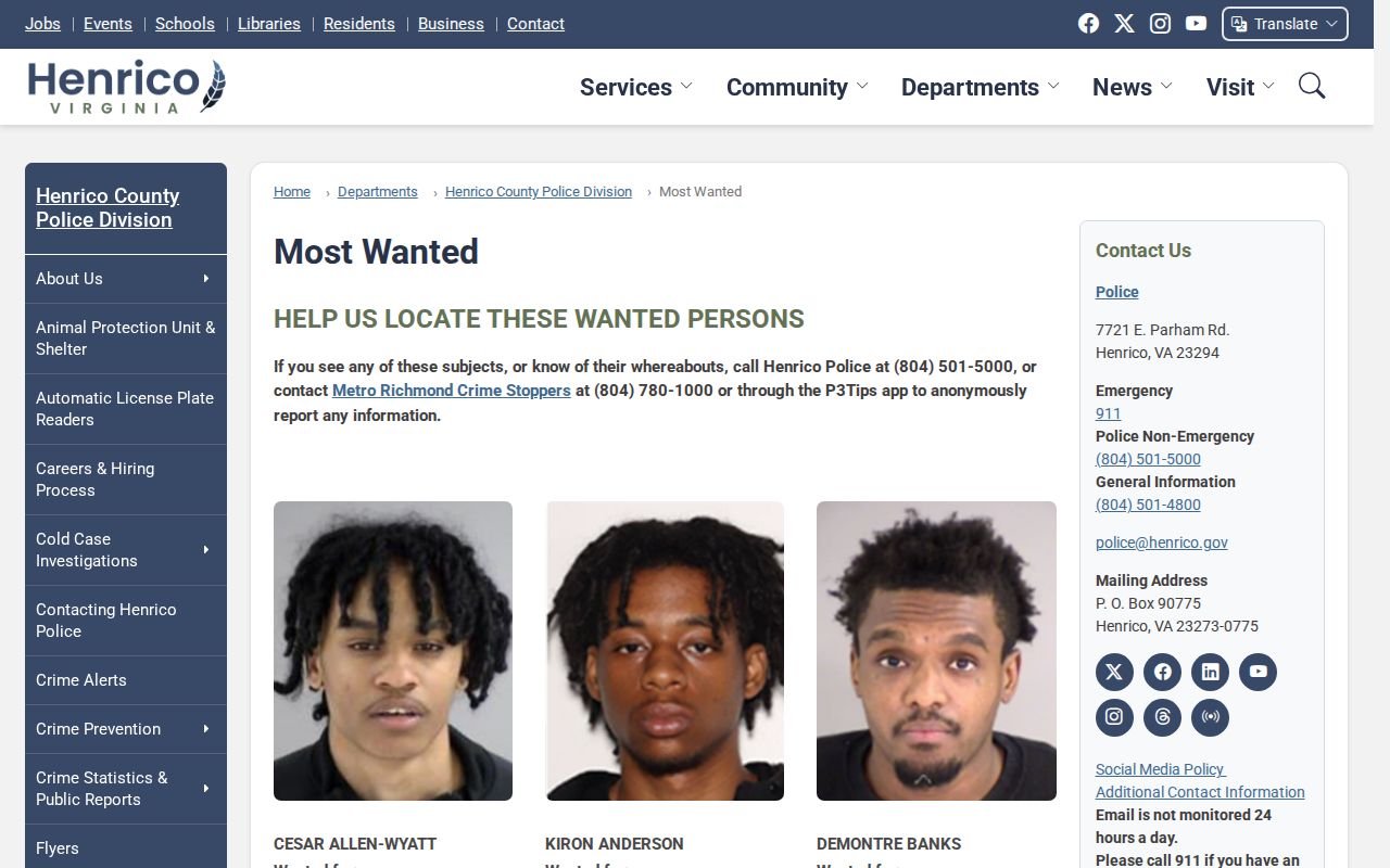 Henrico County wanted fugitives official Police Most Wanted source page