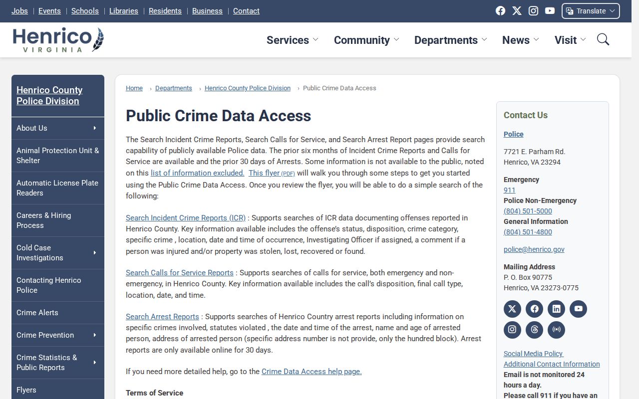 Henrico County Police recent arrest record window and field policy
